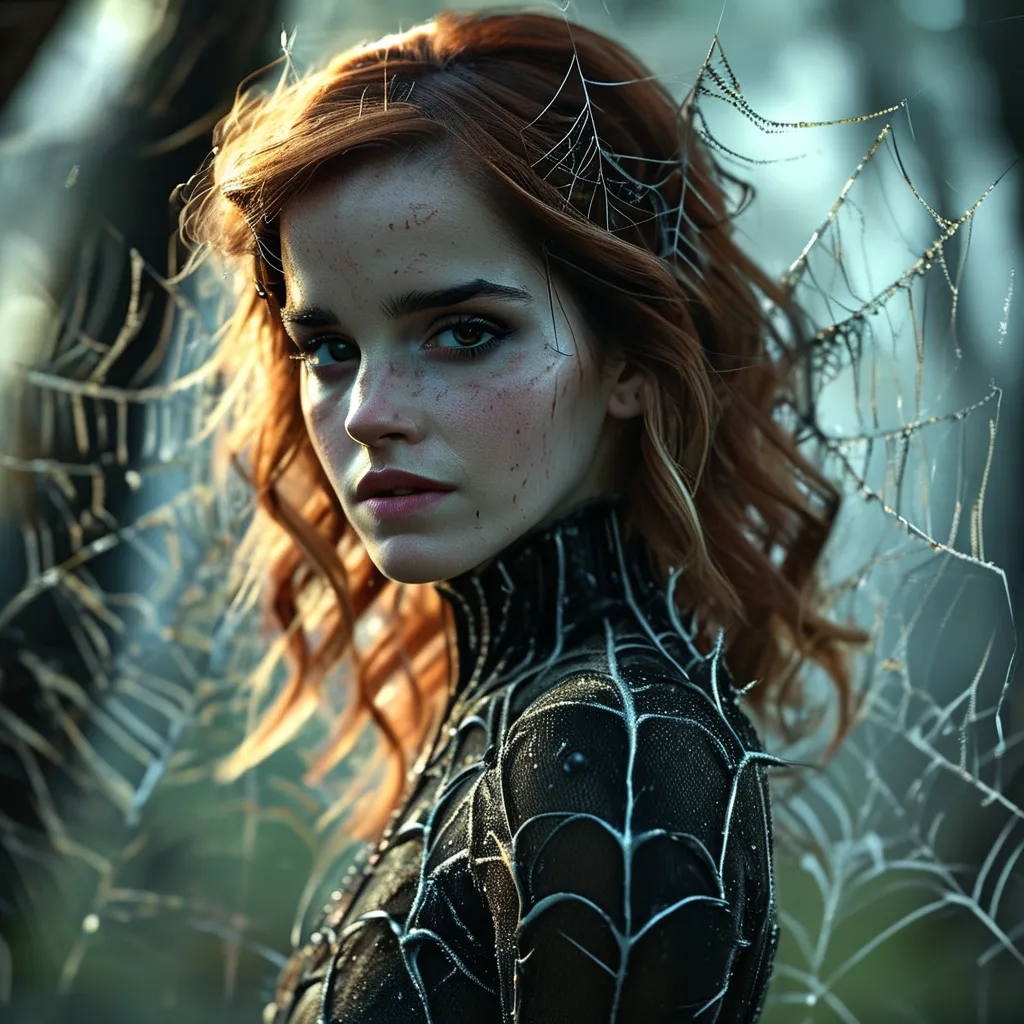 Prompt: (Emma Watson as a spider monster), intricately woven web details, dramatic , eerie ambiance, set in a dim, moonlit forest, fantastical horror theme, remarkable contrasts of light and shadow, cold color tones, ultra-detailed texture, high quality, captivating gaze, enchanting yet unsettling atmosphere,  human  creature merger.