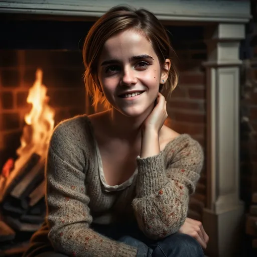 Prompt: ((full body portrait)),  ((emma watson)), photo shot,  dynamic range color,  detail face, 180mm Leica lens, studio light from left and right, 
old house, silents, fire place, dark, warmth in her friendly smiling gaze, ultra-detailed, high-quality image. 4k photo.