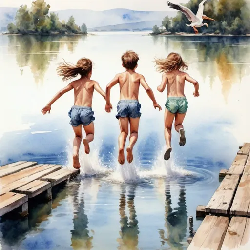 Prompt: Three boys two girls running towards the lake.  Jumping into glittering water.    From bottom view up from their leg.   Full detail body view.   Water colour.  Far away jetty and pelican 

