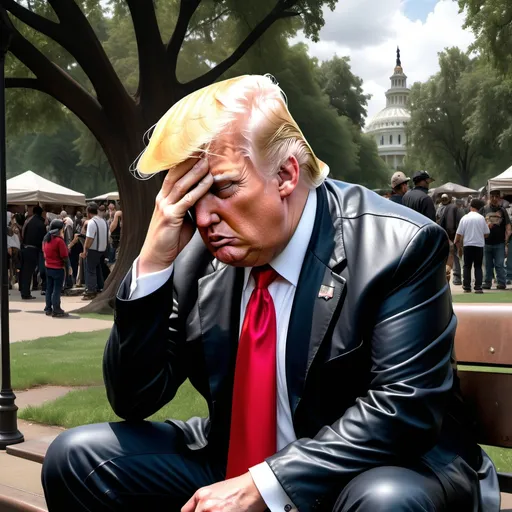 Prompt: photorealistic, (steampunk art), 
donald trump crying in the park, (homeless).