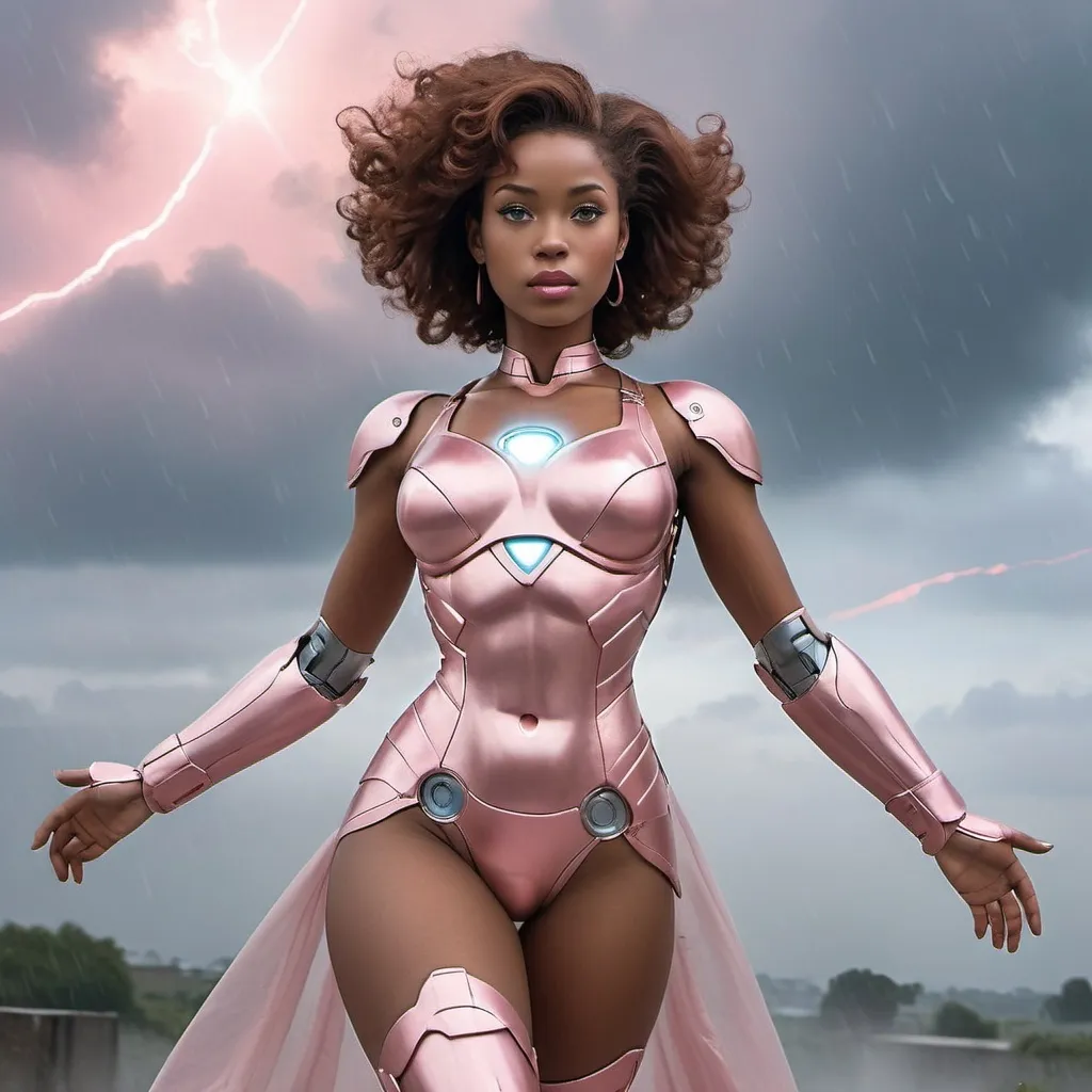 Prompt: year 1950, ironman universe,  normandy war zone, 
20  years old african version goddess aphrodite in pastel pink ironman full body uniform, high heel iron boots, blue eyes , with short brown hair, heavenly beauty,
 detail face, delicate body,  dance in the sky, mist surrounding, mystic atmosphere, raining
