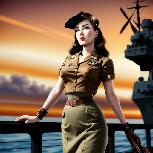 Prompt: 1944 world war 2 steampunk universe.
on the york aircraft carrier deck.
Sunset. 

japanese art digital painting, vivid color,

sharp focus on face. Heavenly beauty.
short sleeves blouse, pencil skirt.

dramatic soft lighting.
