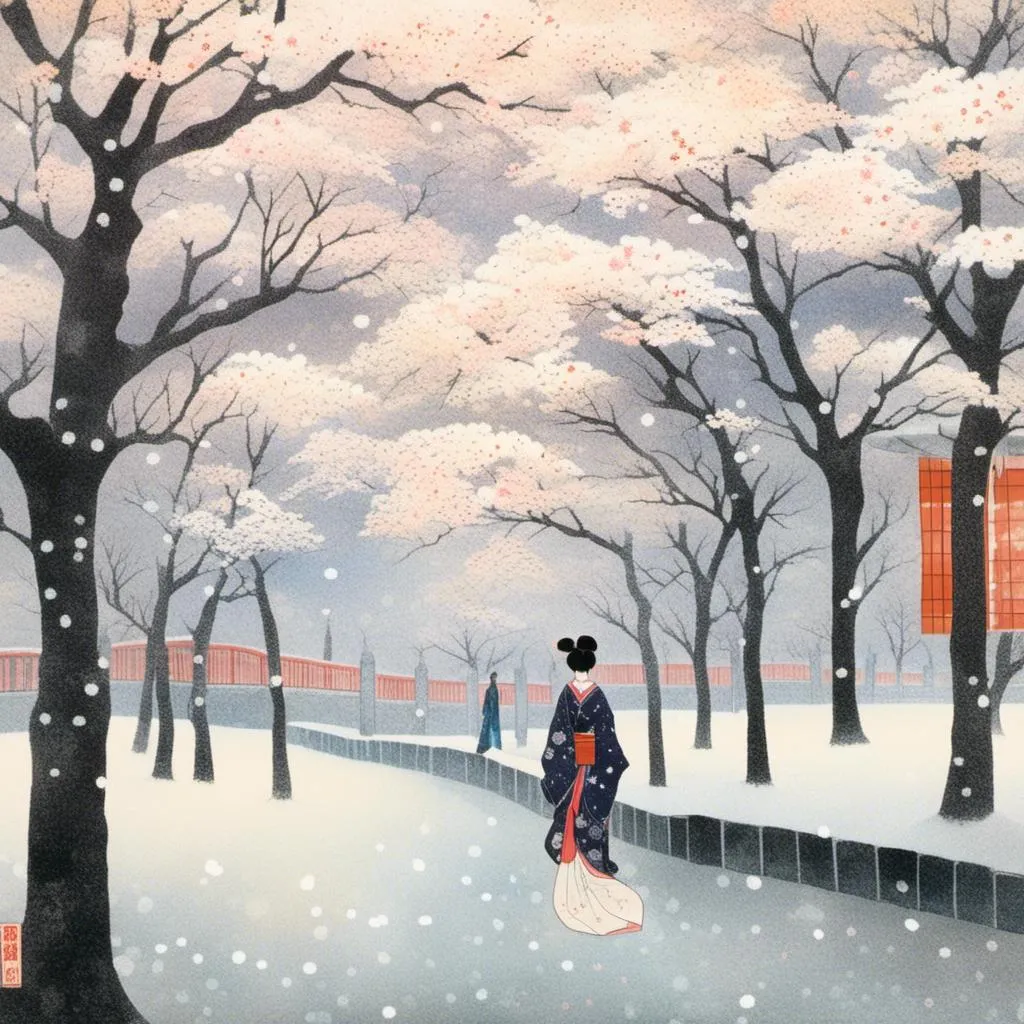 Prompt: <mymodel> 
2023, japan, tokyo, fuji, winter,



 wears kimono.
intricate flower pattern on kimono,
evening, snows, white tree crown.


cute, happy atmosphere, peaceful.