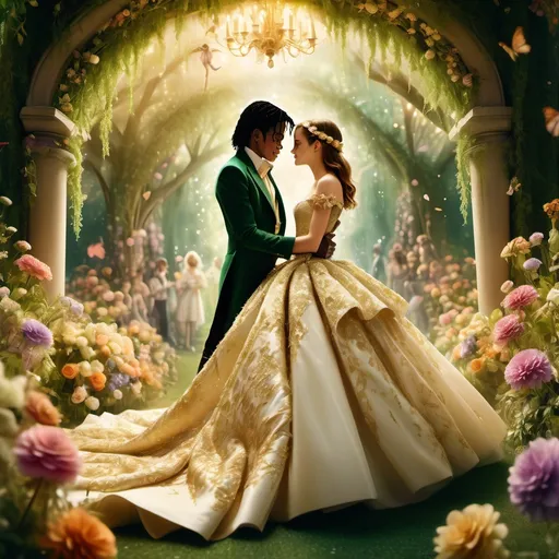 Prompt: (Michael Jackson and Emma Watson together), a whimsical fantasy scene depicting a joyous wedding, vibrant colors, magical atmosphere, surrounded by enchanted flowers, detailed expressions of happiness, stylish attire blending classic and contemporary fashion, soft golden lighting illuminating the moment, lush green background filled with fairy-tale elements, ultra-detailed, cinematic composition, capturing emotion and romance, inviting mood.