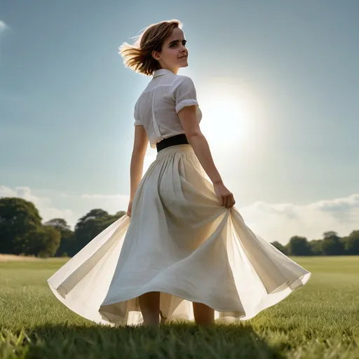 Prompt: ((full body portrait)),  ((emma watson)), photo shot,  dynamic range color,  detail face, 180mm Leica lens, standing on a grass field,  sun shines from her back,  facing camera,  smiles,
white long skirt, ultra-detailed, high-quality image. 4k photo.