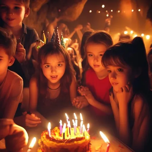 Prompt: birthday party, girls and boys, spot light,   detail face, high quality,  cave setting, dramatic, atmospheric lighting,  emotional, detailed, 