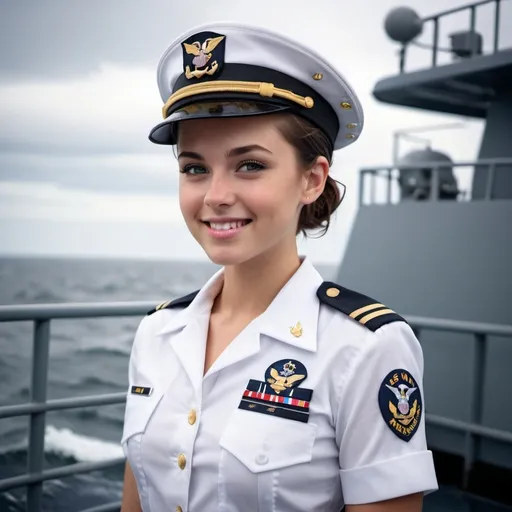 Prompt: 2024,

a heavenly Megan Edwards
Model and actress
,us navy uniform,  on a deck
wet short hair, cute ,  innocent , hide smile,
 lithe strong .
high detail 128k full body portrait photo.

