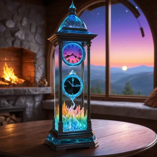 Prompt: (glowing, transparent glass sculpture of a peaceful clock tower, vibrant colors, (heavenly atmosphere),  cozy flickering fireplace in the background, ethereal lighting, serene and tranquil vibe, high detail, ultra-detailed, 4K quality.

 Wallpaper art, on jupiter surface, liquid design in the background, biomes, , peaceful, alps,  super moon, overlaying moon base neurotransmitter, pearlescent, high plains graphic, forming Nueral atoms the 2nd dimension in our hand, high plains, biopunk.