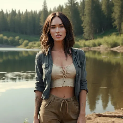 Prompt: masterpiece, best quality, a  tired and dirty megan fox farm girl  in forest next to a lake, high quality, unreal engine 4k. short flowing hair ties in bund.  full body photo.  warm smiles.   Pastel color tones.  , Picasso style,