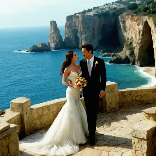 Prompt: 2000,
island, noon, cathedral, Mediterranean sea cliff.

megan fox  is the run away bride in wedding ceremony.
Groom is tony stark.