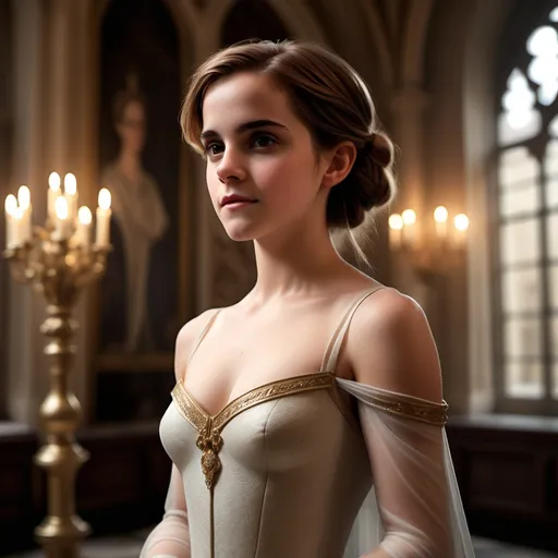 Prompt: Generate a photorealistic image of a Gorgeous 25-year-old emma watson female goddess  standing in a grand castle.  Lithe but strong body. (rosy cheek), (delicate features), (heavenly beauty), (hint of smile), 
Use soft lighting (f/1.8, ISO 200) to highlight her grace and elegance. The woman is adorned in a sumptuous  luxurious Valentino night  gown, her eyes sparkling with intelligence and charm. Behind her, the castle's intricate architecture and rich history unfold, adding depth and grandeur to the scene.