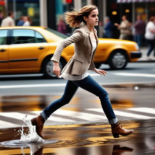 Prompt: (graceful emma watson stepping on water), street corner scene, (dynamic splash effect), fast-moving car zooming by, motion blur for added drama, vibrant urban atmosphere, reflections on wet pavement, (highly detailed), sunny day lighting, warm tones, (cinematic perspective), capturing the fleeting moment of joy and excitement.