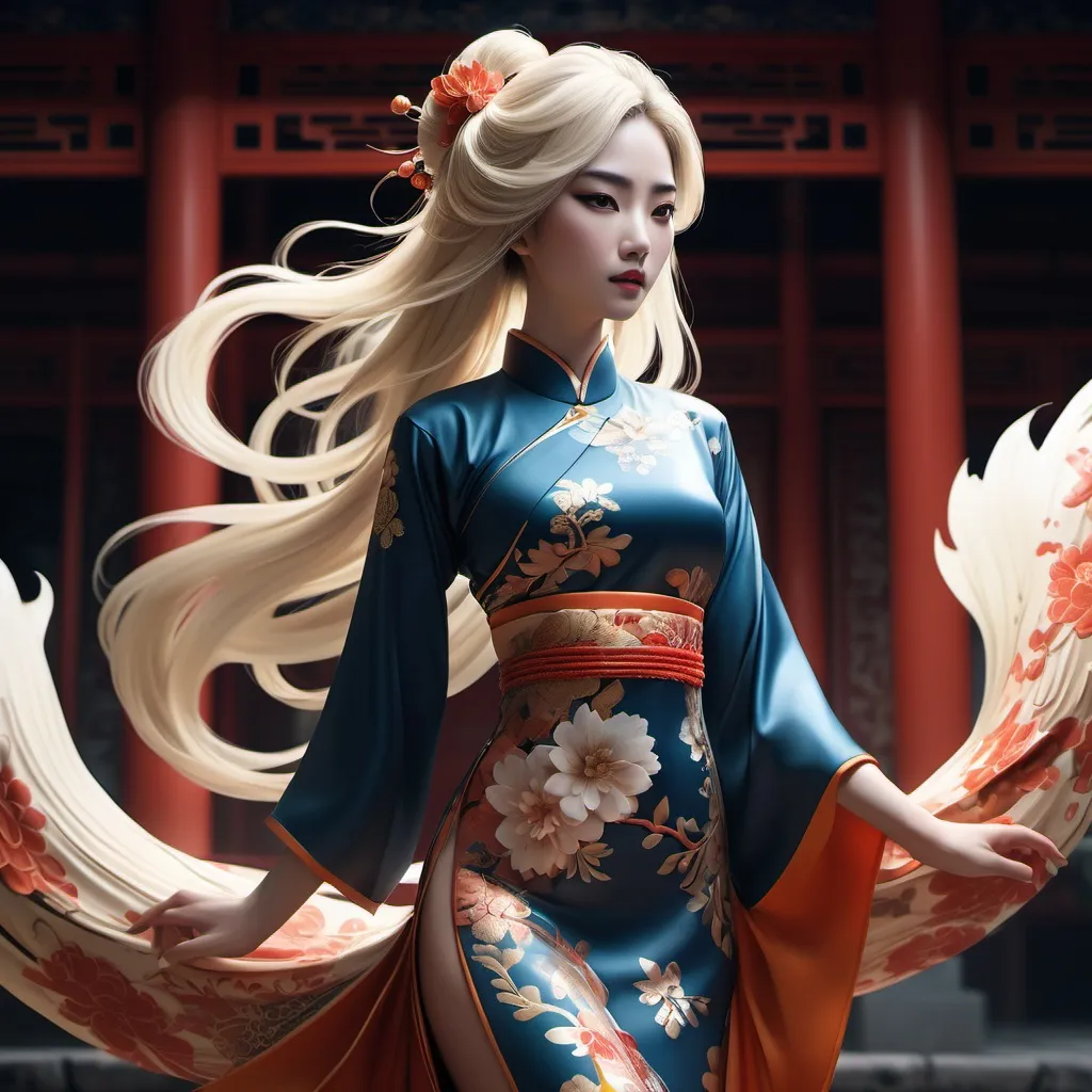 Prompt: (((mega fox))), Central to the image is a (creature), flowing dark hair cascading down her shoulders, dressed in a traditional qipao with exquisite floral patterns, dynamic pose, perfect anatomy, centered, freedom, soul, blonde long hair, approach to perfection, cell shading, 4k , cinematic dramatic atmosphere, global illumination, detailed and intricate environment, , cinematic lighting,illuminated by warm, soft light, enhancing the tranquil and graceful atmosphere, (HD), showcasing her delicate features and serene expression in a captivating portrait style.ng, 