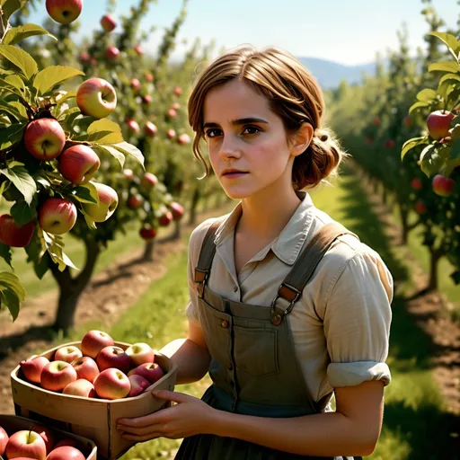 Prompt: (vivid depiction of an illegal immigrant), Emma Watson, in a vibrant apple orchard, wearing practical farm attire, apples scattered around, engaging in apple picking with a focused expression, warm sunlight illuminating her, surrounded by rows of lush apple trees, evocative and hopeful ambiance, high detail, ultra-detailed, cinematic colors.