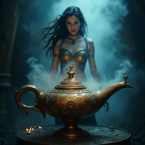 Prompt: (pretty female genie), (steampunk style), ((genie appearing above swirling smoke)), intricate and highly detailed background within a genie lamp, (cool and dark color tones), (military atmosphere), complex metallic elements and gears, rich texture and shading for depth, (ultra-detailed, HD) quality, enchanting and mysterious ambiance, dramatic lighting accentuating the genie and intricate lamp design.