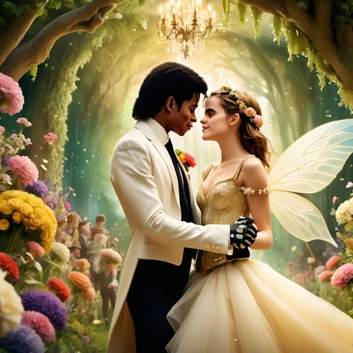 Prompt: (Michael Jackson and Emma Watson together), a whimsical fantasy scene depicting a joyous wedding, vibrant colors, magical atmosphere, surrounded by enchanted flowers, detailed expressions of happiness, stylish attire blending classic and contemporary fashion, soft golden lighting illuminating the moment, lush green background filled with fairy-tale elements, ultra-detailed, cinematic composition, capturing emotion and romance, inviting mood.