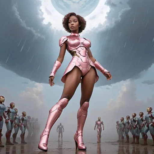 Prompt: year 1950, ironman universe,  normandy war zone, 
20  years old african version goddess aphrodite in pastel pink ironman full body uniform, high heel iron boots, blue eyes , with short brown hair, heavenly beauty,
 detail face, delicate body,  dance in the sky, mist surrounding, mystic atmosphere, raining
