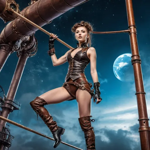 Prompt: year 2030,
  steampunk world. 
olympic woman perform pole vault (action of jumping),
(22 year-old young lady),wearing  steampunk leather clothes, high definition, ultra-detailed. space battleship deck, view of galaxy, 
high detail 128k full body portrait photo.

