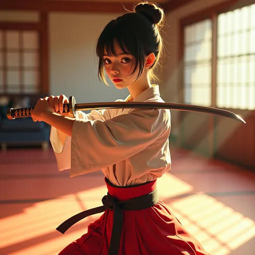 Prompt: (beautiful Japanese girl), (sports clothes), dojo setting,  swords dance, soft lighting, warm tones, comfortable atmosphere, serene ambiance, focus on elegance and grace, high detail, ultra-detailed, cozy vibe, gentle colors,  classy composition, artistic and tasteful portrayal, alluring expression.