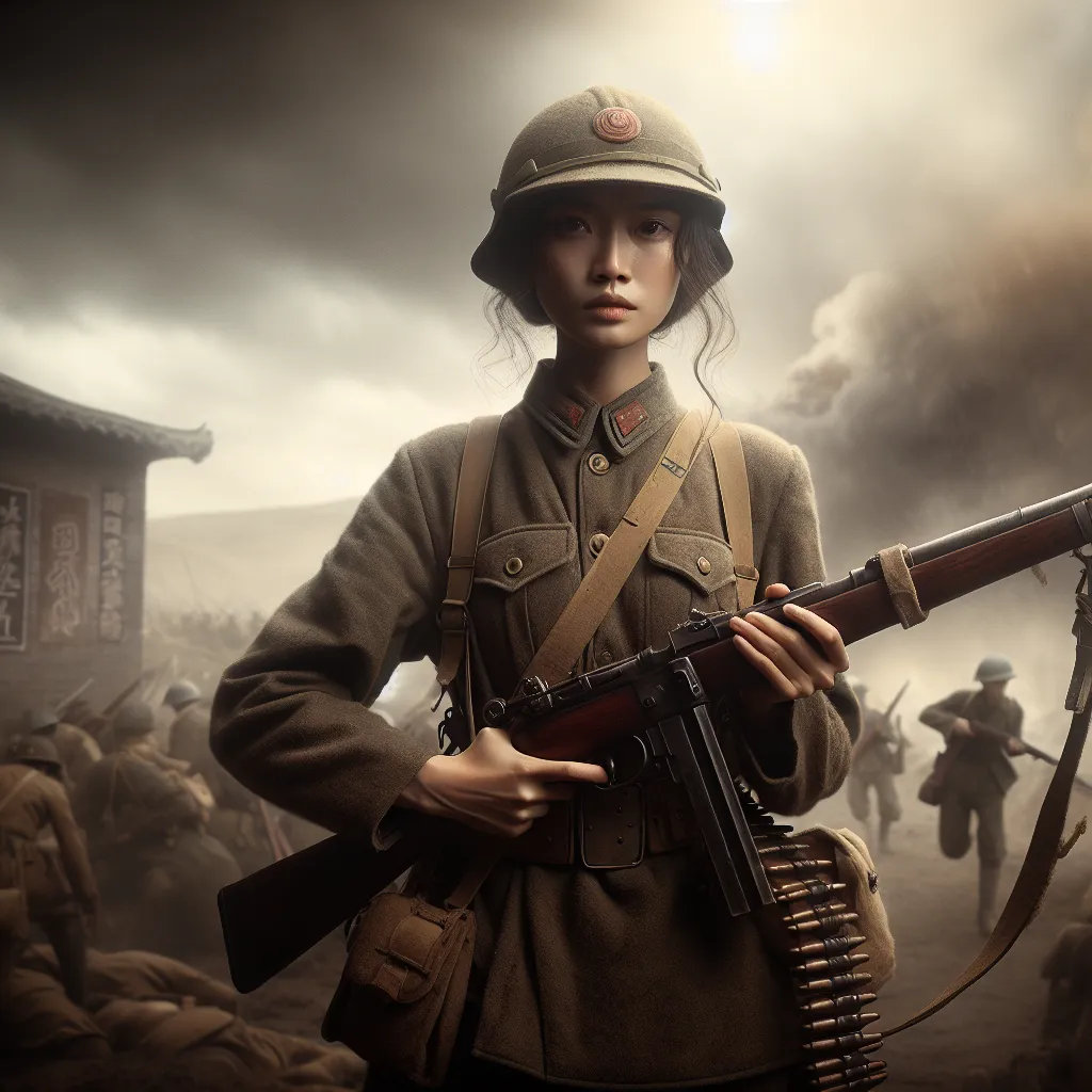 Prompt: (pretty communist chinese 17 female WWII soldier), vintage military uniform, gripping a rifle, propaganda photoshot, set against a historic battlefield backdrop, powerful and nostalgic atmosphere, capturing resilience, muted colors, dramatic lighting, textured details of the battlefield, historical accuracy, evokes courage and determination, ultra-detailed, cinematic masterpiece.