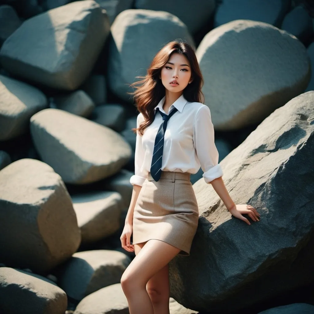 Prompt: Glamour sensual photography of 20 years old beautiful japan secretary girl on a bolder stone, in the style of Guy Aroch