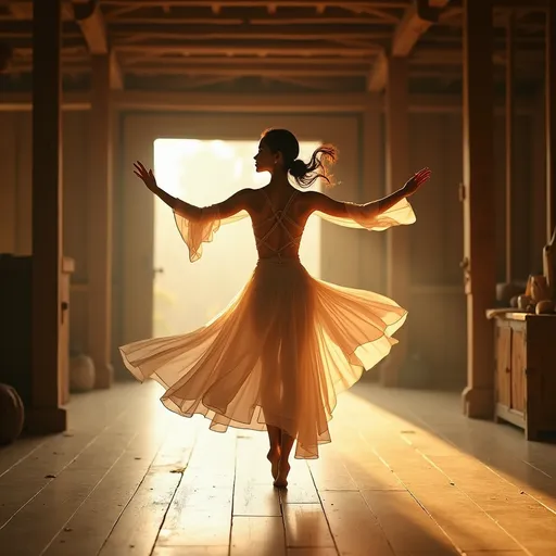 Prompt: (heavenly asian beauty girl), gracefully dancing, futuristic attire, minimalistic yet striking design, ballet,  (soft ethereal lighting), warm golden hues, rustic barn setting, detailed wooden textures, (dynamic movement), enchanting atmosphere, blissful emotion, captivating expressions, high-quality 4K image, ultra-detailed background elements.