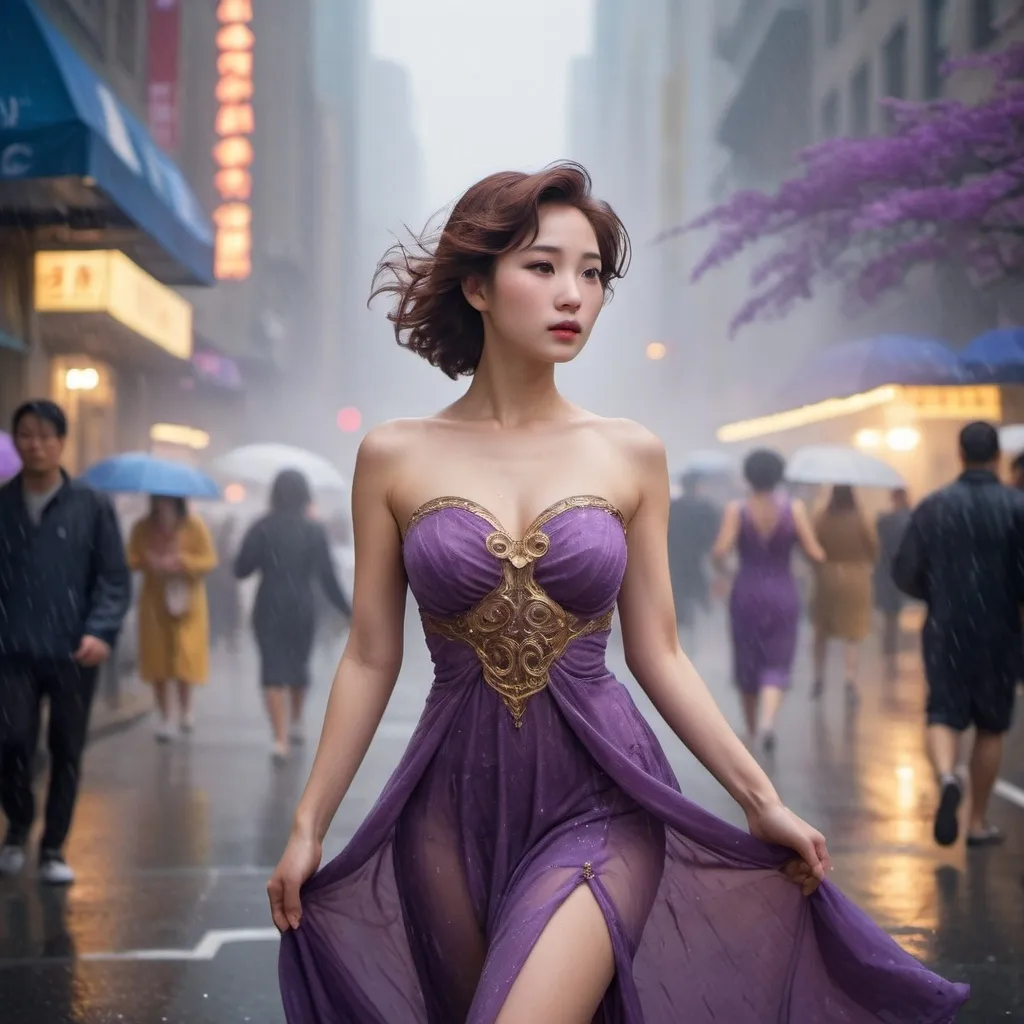 Prompt: year 1950, ironman universe,
20  years old asian korean version goddess aphrodite in purple greek dress gown with short brown hair, heavenly beauty,
 detail face, delicate body, walking on new york street. dance in the sky, mist surrounding, mystic atmosphere, raining
