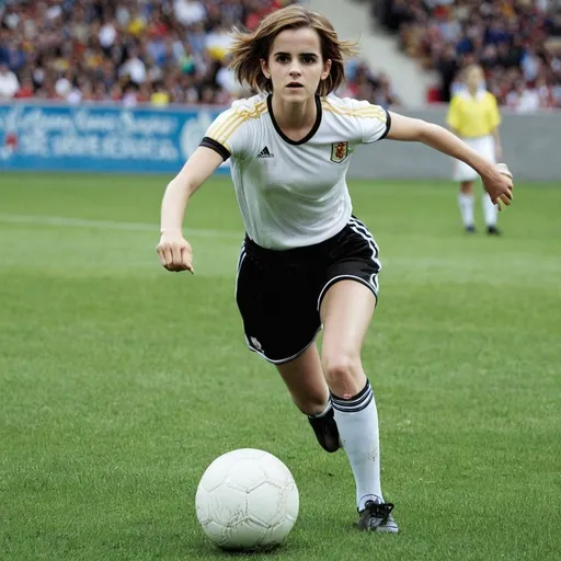 Prompt: British woman soccer match.

Emma watson is the goal keeper.