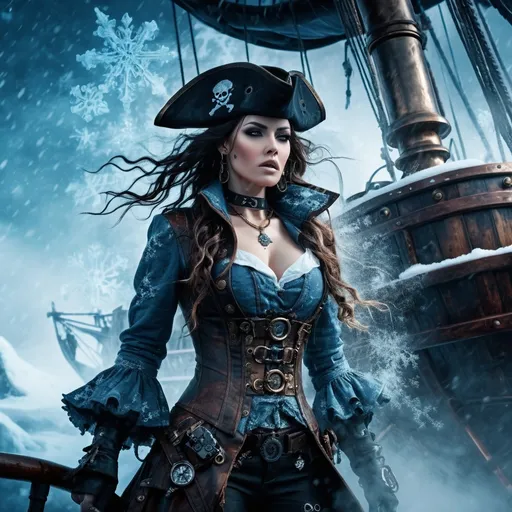 Prompt:  snow-covered landscape, (fierce expression), (abstract weapon), standing on  steampunk pirate ship, cold, ethereal mist, icy blue tones, high contrast, dramatic atmosphere, surrounded by swirling snowflakes, (epic scene), (4K), ultra-detailed, ready for battle, conveying strength and resilience, mystical energy emanating from her presence.