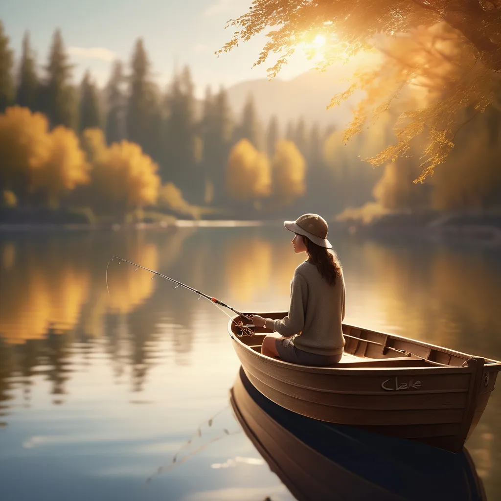 Prompt: (megan house character), fishing on a sunlit boat,  lake, serene and contemplative atmosphere, soft bokeh background creating a dreamy effect, gentle waves lapping at the side, warm golden hues reflecting off water, tranquil ambiance, nature surrounding, high detail, ultra-realistic rendering, captivating lighting, rich textures that evoke feeling and depth, nature's calmness personified.