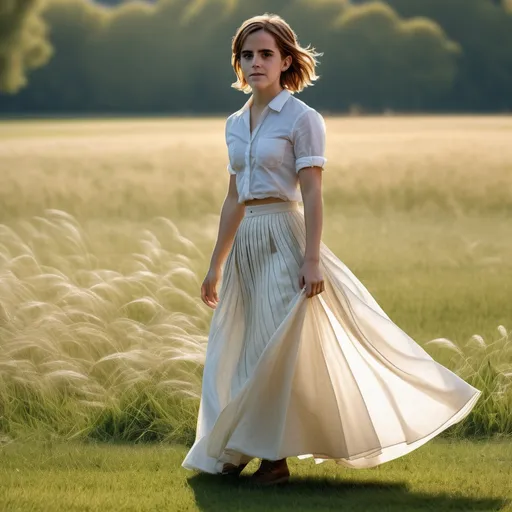 Prompt: ((full body portrait)),  ((emma watson)), photo shot,  dynamic range color,  detail face, 180mm Leica lens, standing on a grass field,  sun shines from her back,  facing camera,  smiles,
white long skirt, ultra-detailed, high-quality image. 4k photo.