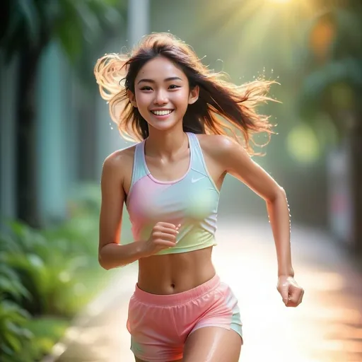 Prompt: Dreamy pastel full body portrait,15 years old singapore heavenly beauty running in sports wear, white teeth, sunshine smiles, sweaty, wet, hot sensual ethereal atmosphere, soft focus