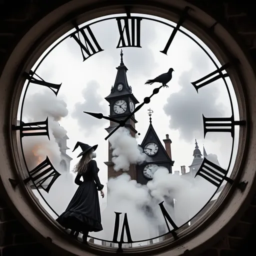 Prompt: first person view from 10 m away.
in  a burning wax house, a beautiful maiden face image is inside a clock tower. 
the fireplace.
A horror house.
A witch, black cats.
white pigeon.
white cloud.
dancing folks.
city square.


mystic mist