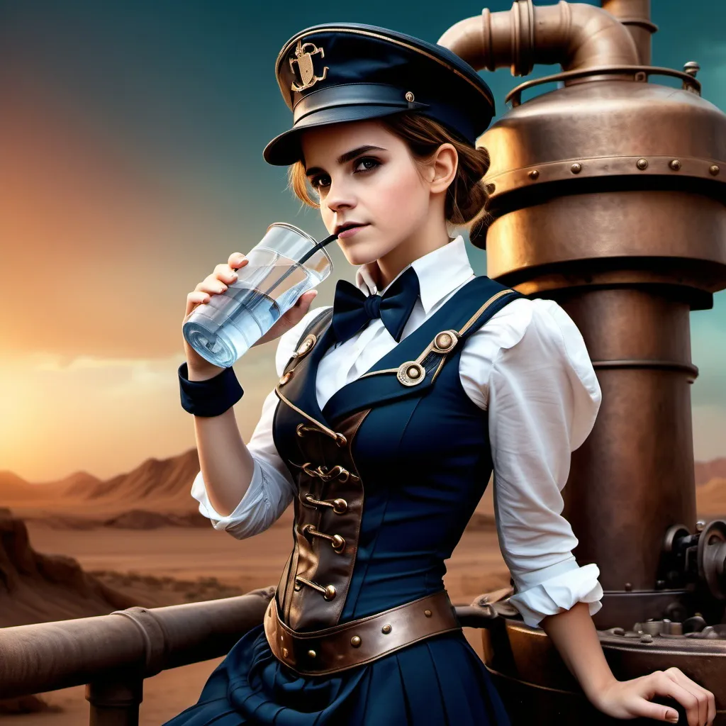 Prompt: photorealistic, (steampunk art), 
emma watson  in a steampunk sailor uniform, (argumentized hands), abs, (desert background),  (drinking water from a well),  (colourful makeup), dynamic poses,  warm and cool color contrasts, ultra-detailed, sleek design, atmospheric and immersive setting, night scene with a sense of adventure and intrigue.