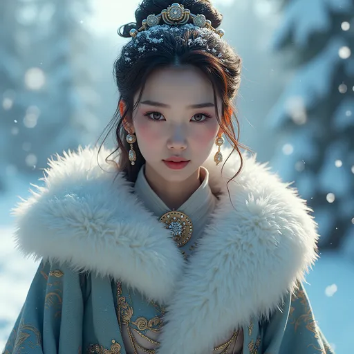 Prompt: Star Wars characters as (gorgeous Asian queen), showcasing majestic and intricate costumes inspired by official lore, set against a breathtaking winter landscape adorned with sparkling snowflakes, ethereal icy blue tones, warm golden highlights reflecting on fur-trimmed garments, (4K), ultra-detailed, capturing an enchanting atmosphere of regal elegance and winter wonder, marvel at their detailed expressions and imposing presence.