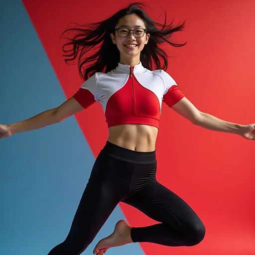 Prompt: Puma company advertising poster.  
free jump,
(full body portrait), beautiful heavenly cute female figure, (chinese descent), pilate, slit eye, hint of smile, showing defined abs, lithe strong body,  striking rimmed google,  (sports red and white layered shirts), bold use of color (black, red, blue, white), high-contrast composition,(ultra-detailed), stylish and modern vibe, striking visual contrasts, (high quality, 4K).