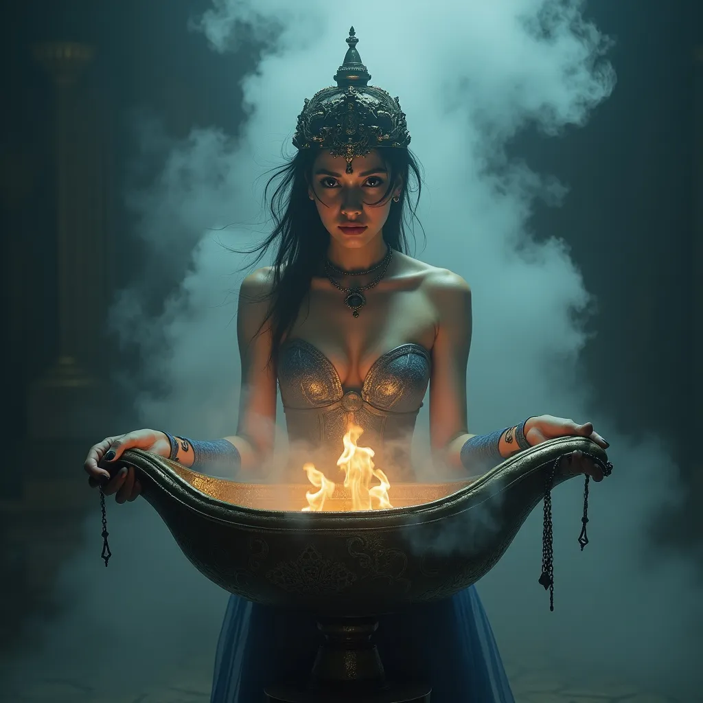 Prompt: (pretty female genie). (Steam punk style), Highly detailed background inside genie lamp,  ((genie appear above smoke)), 

Cool and dark color tones creating a military atmosphere, (ultra-detailed, HD) quality.