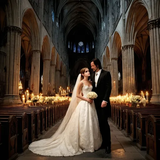 Prompt: London city, 
,midnight, cathedral,

 emma  watson is the bride in wedding ceremony.
Groom is keanu reeves.