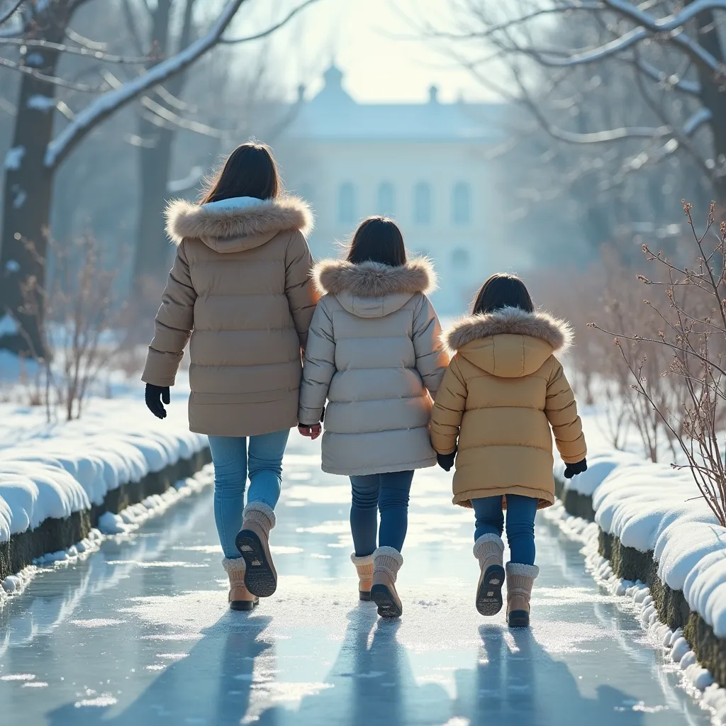 Prompt: Well-kept (French garden in winter), (pretty cute), ( three 18-year-old korean female teenager), (wearing a winter jacket), walking on frozen water pond, , ultra-detailed, a touch of whimsy intertwined with a sense of chilling beauty.