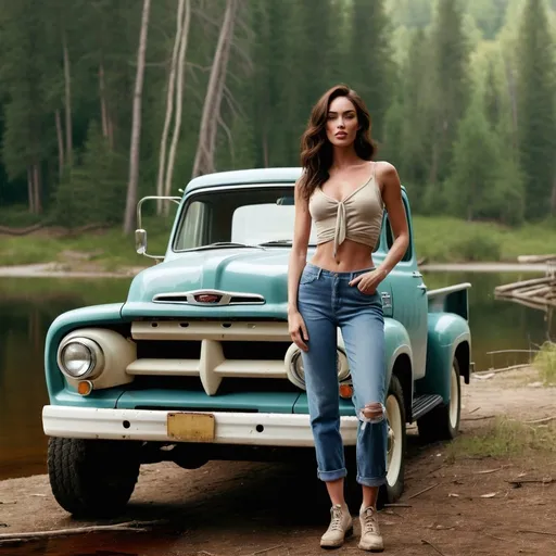 Prompt: masterpiece, best quality, a  tired and dirty megan fox farm car model girl standing beside a 1950 ford truck in forest next to a lake, high quality, unreal engine 4k. short flowing hair ties in bund.  full body photo.  warm smiles.   Pastel color tones.  , Picasso style,