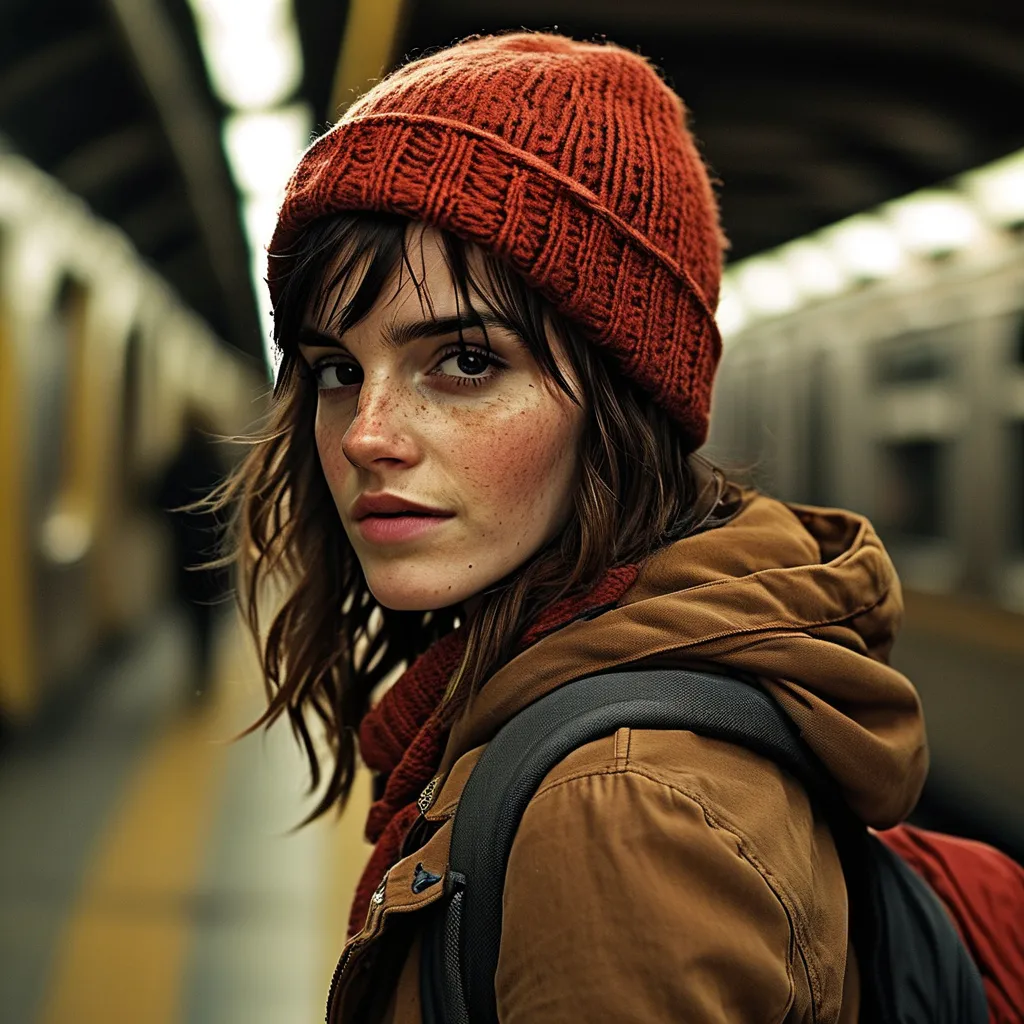 Prompt: emma  watson is a homeless girl in the subway