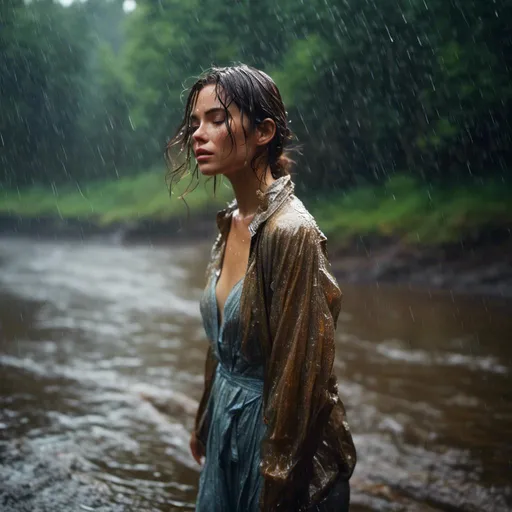Prompt: <mymodel>A woman portrait in Midjourney  style, walks along a river bank in the rain, wet revealing clothes, side view, light from left