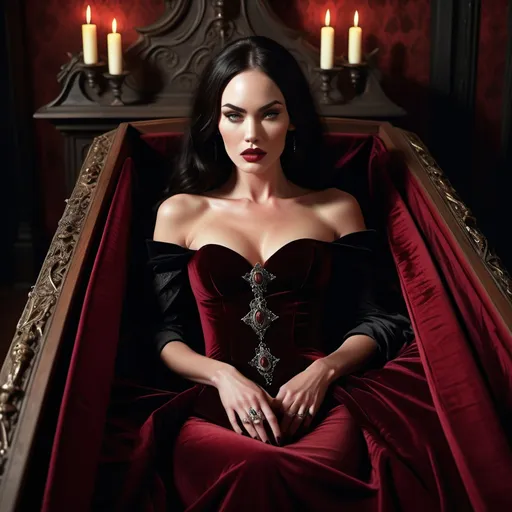 Prompt: (vampire movie scene), (actress megan fox), lying gracefully in an ornate coffin, dim candlelight casting eerie shadows, dark crimson velvet lining the coffin, subtle ethereal glow illuminating her porcelain skin, a velvet cape draped around her shoulders, (mysterious atmosphere), haunting yet serene mood, surrounded by vintage gothic décor, (ultra-detailed), captivating crimson and black color scheme.