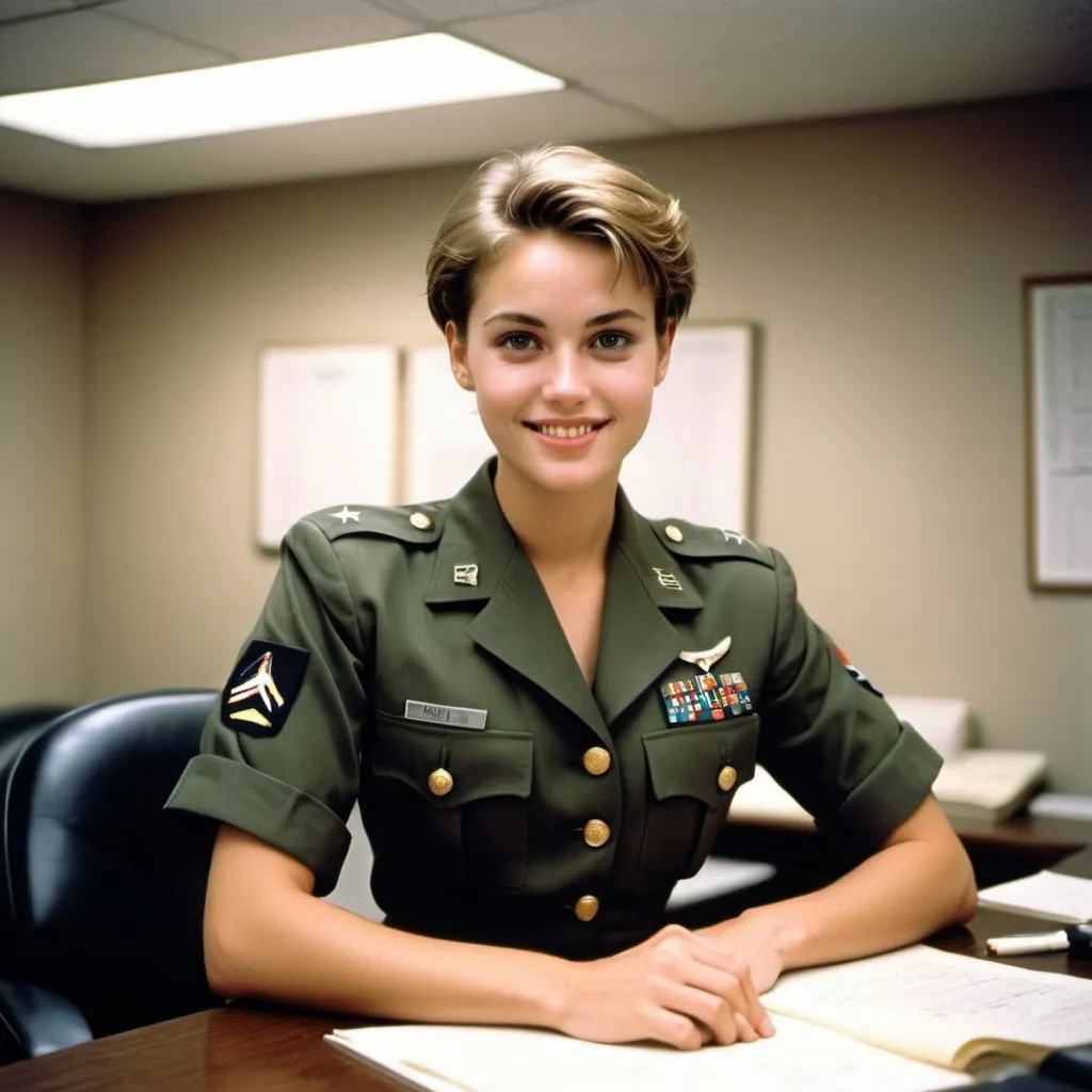 Prompt: 1990,

a heavenly Megan Edwards
Model and actress
,us army uniform,  in a war planning room.
wet short hair, cute ,  innocent , hide smile,
 lithe strong .
high detail 128k full body portrait photo.

