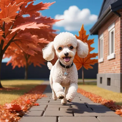 Prompt: <mymodel> a 3d render of kawaii poodle running around a boy.  brick house.  blue sky.  maple leaf flying