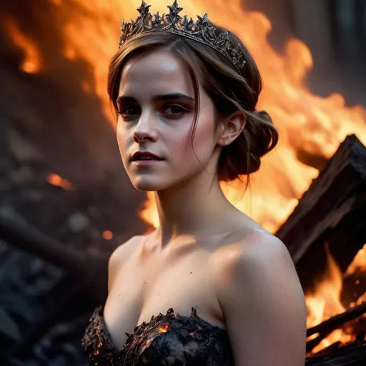 Prompt: (vampire queen), Emma Watson, 
burning on the stake,
dramatically posed, ethereal beauty, sun-touched skin, radiant light creating a contrast, (intense shadows), vivid reflections off her features, surrounded by smoldering ashes, dramatic twilight atmosphere, vibrant colors, haunting elegance, (highly detailed), cinematic lighting, emotions of vulnerability and power, surreal beauty amidst chaos.