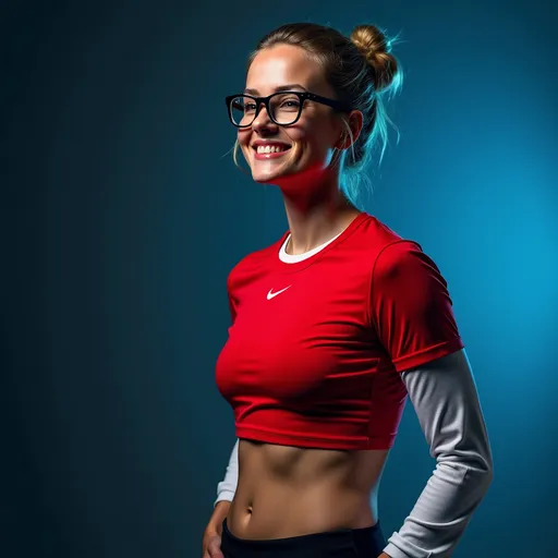 Prompt: Nike company advertising poster.  (JUST DO IT)
(full body portrait), beautiful female figure, (sweden descent), hint of smile, showing defined abs, lithe strong body,  striking rimmed glasses,  (sports red and white layered shirts), bold use of color (black, red, white), high-contrast composition,  (studio light blue from right) ,  (studio light white from left side), (ultra-detailed), stylish and modern vibe, striking visual contrasts, (high quality, 4K).