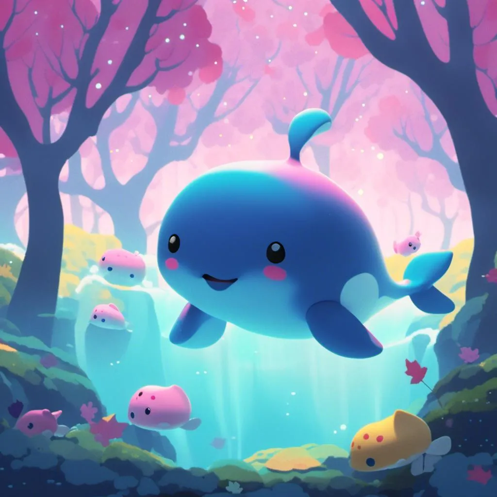 Prompt: <mymodel> a 3d render of kawaii whale in a deep forest. serene.  water moving. 