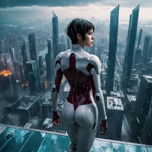 Prompt: (ghost in the shell movie scene),  God's view, (stunning beautiful maiden in ironwoman outfit), jump off a building,  breathtaking digital landscape, futuristic city skyline imbued with raindrops, dramatic contrasts, vibrant colors accentuate the action, tense ambiance, high-intensity mood, (4K ultra-detailed), cinematic lighting creates depth, bold shadows, innovative architecture unfolding in the background, a blend of reality and illusion, mesmerizing visual storytelling.