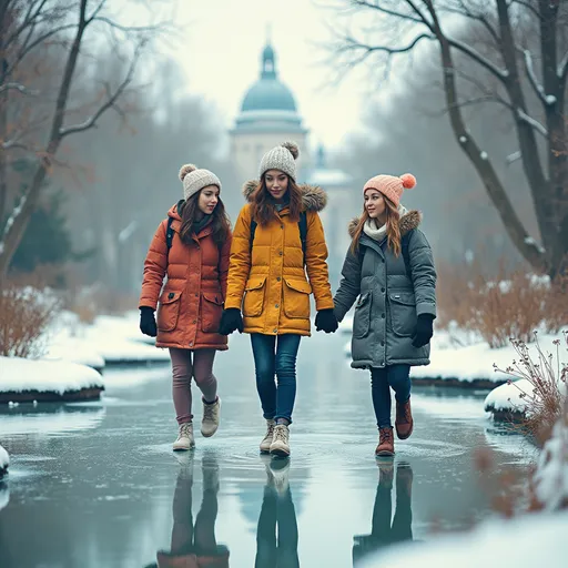 Prompt: Well-kept (French garden in winter), (pretty cute), ( three 18-year-old female teenager), (wearing a winter jacket), walking on frozen water pond, , ultra-detailed, a touch of whimsy intertwined with a sense of chilling beauty.